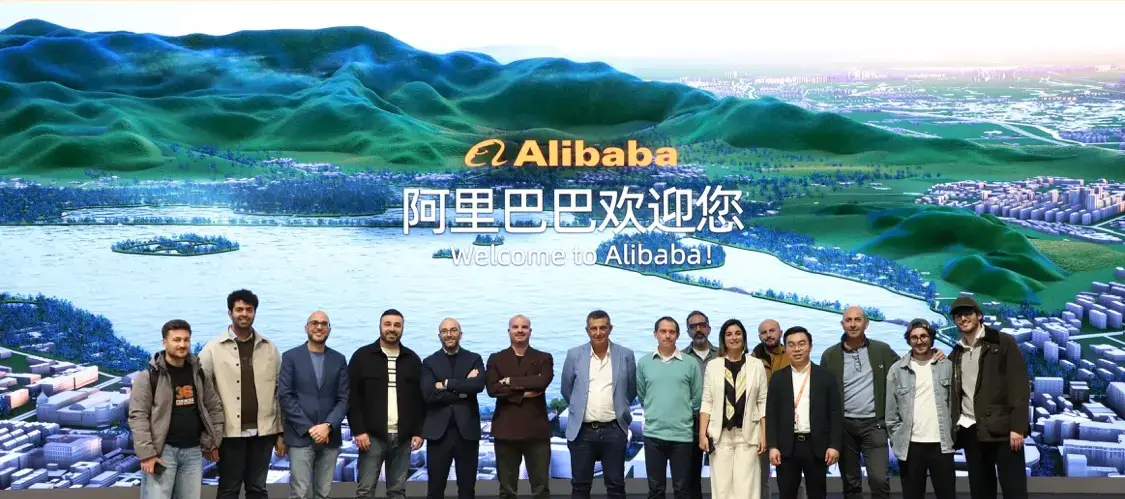 The meeting at Alibaba's campus in Hangzhou, in front of the immersive map of the region.