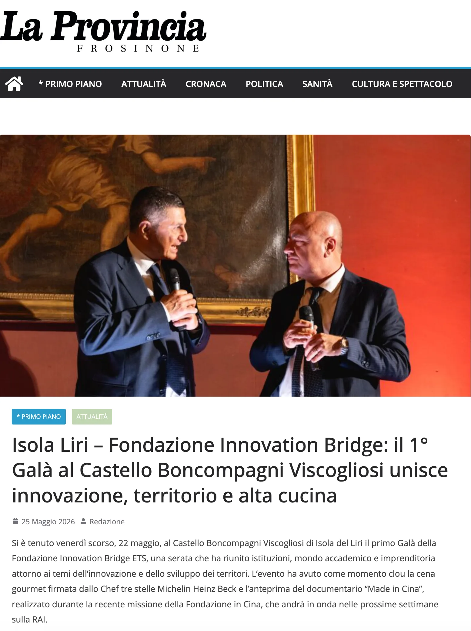 L'articolo de La Provincia di Frosinone sul 1° Galà di Fondazione Innovation Bridge al Castello Boncompagni Viscogliosi